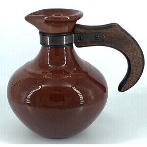 Vtg Gladding McBean El Patio Pitcher Choc. Brown Coffee Carafe Wood Handle MCM